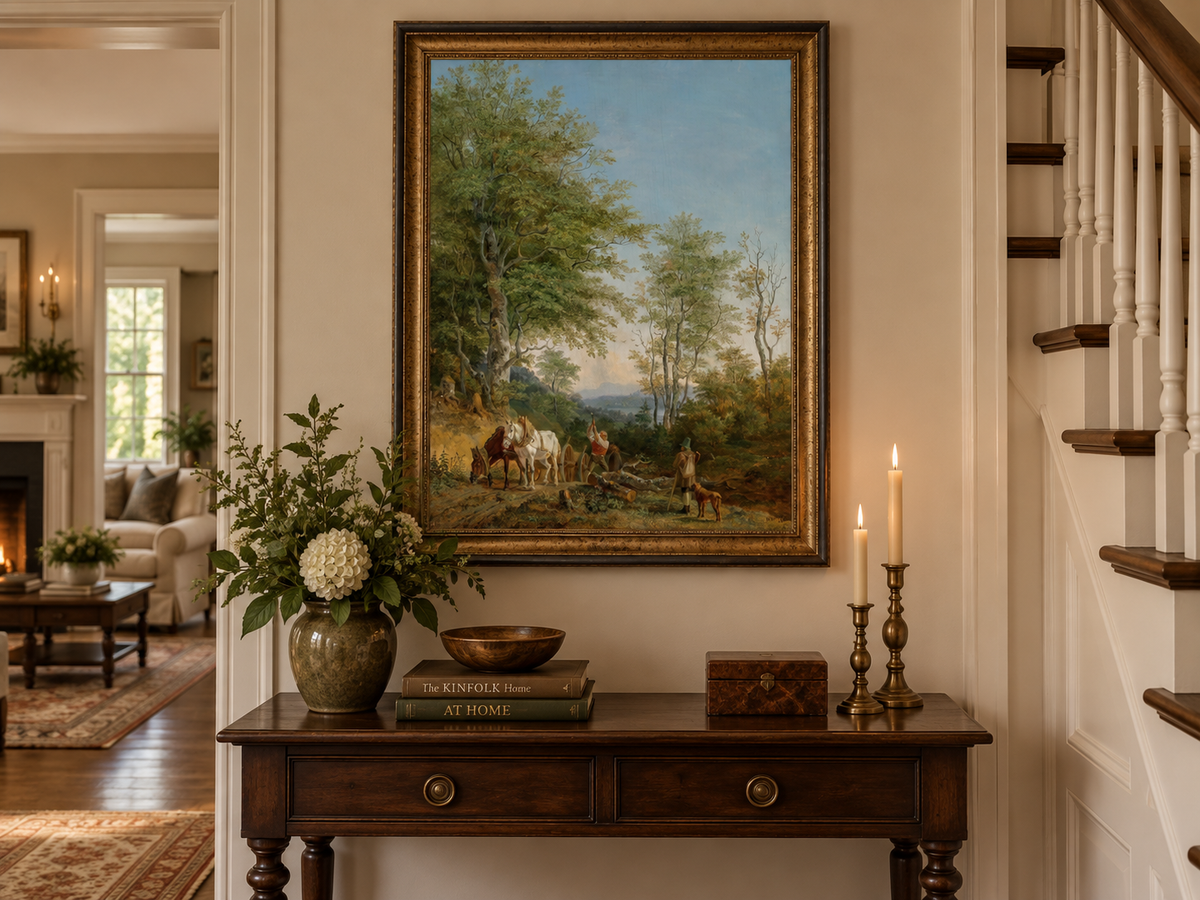 Landscape Oil Painting - Wooded Path with Horses and Woodcutter