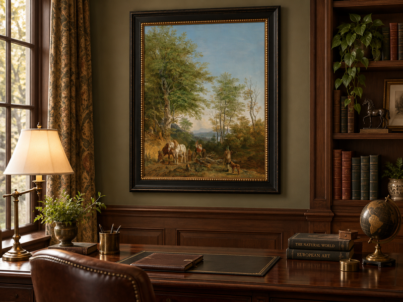 Landscape Oil Painting - Wooded Path with Horses and Woodcutter