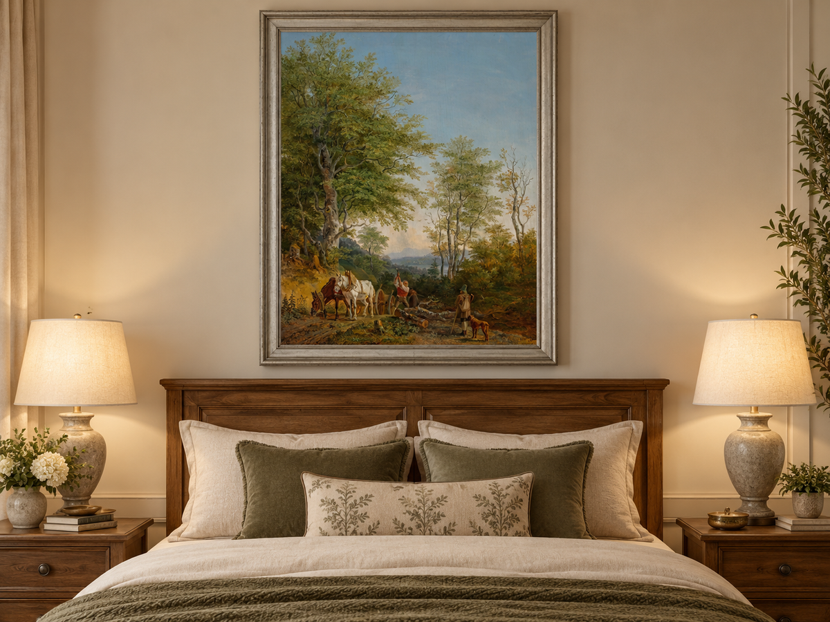 Landscape Oil Painting - Wooded Path with Horses and Woodcutter