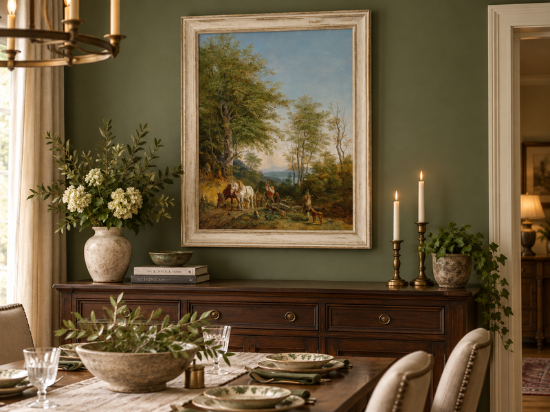 Landscape Oil Painting - Wooded Path with Horses and Woodcutter