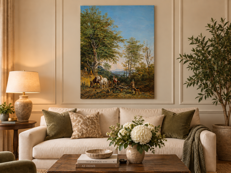 Landscape Oil Painting - Wooded Path with Horses and Woodcutter