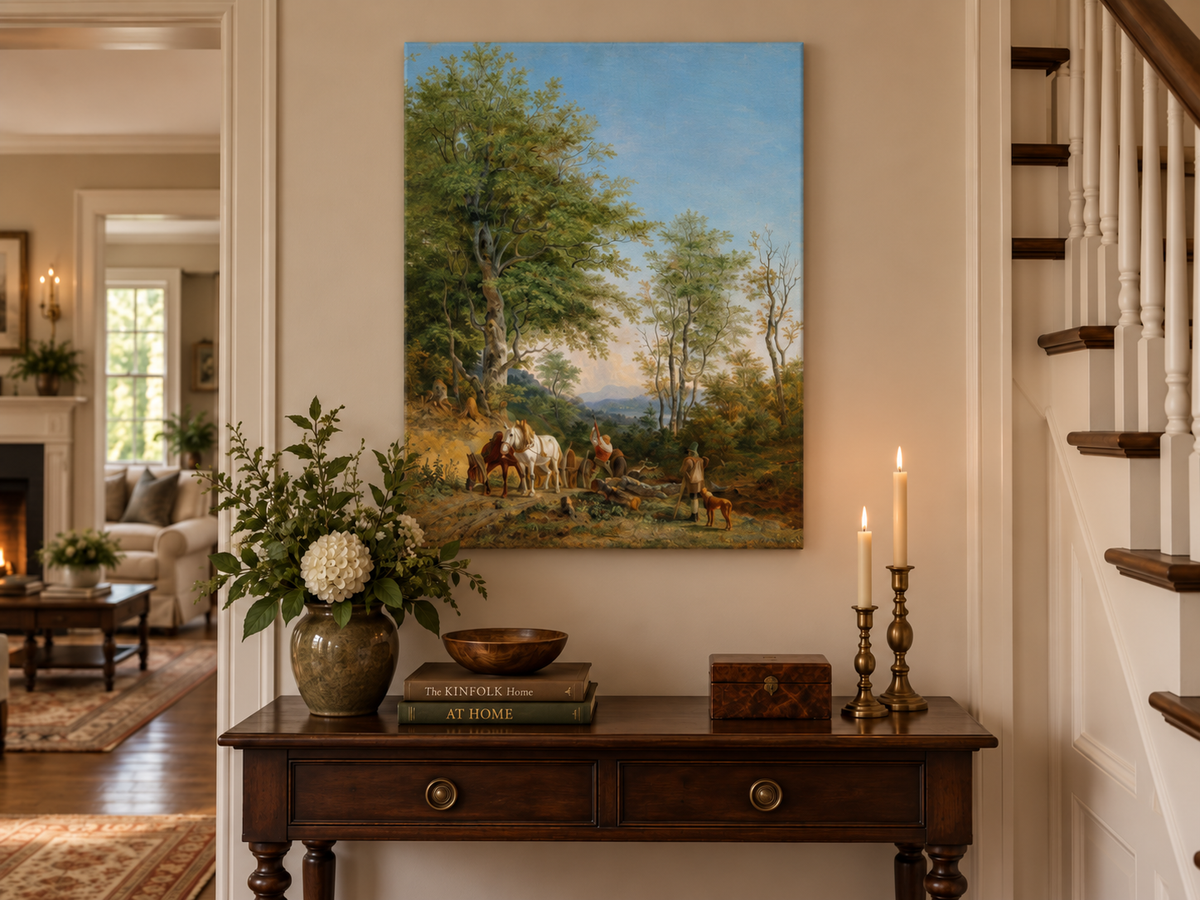Landscape Oil Painting - Wooded Path with Horses and Woodcutter