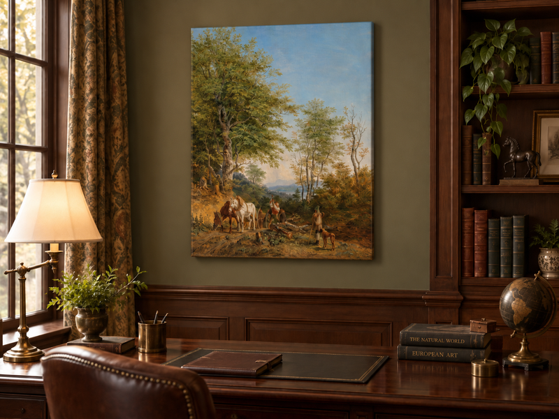 Landscape Oil Painting - Wooded Path with Horses and Woodcutter