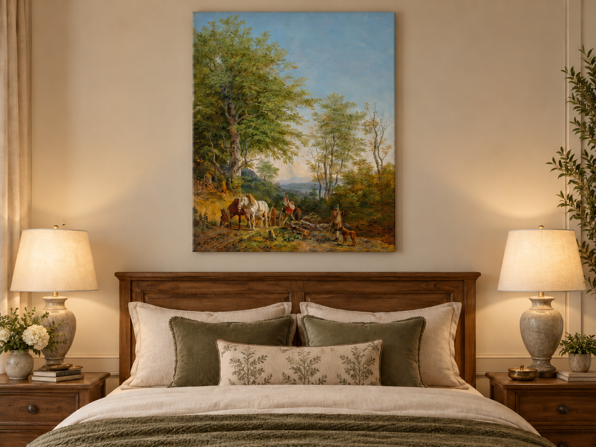 Landscape Oil Painting - Wooded Path with Horses and Woodcutter