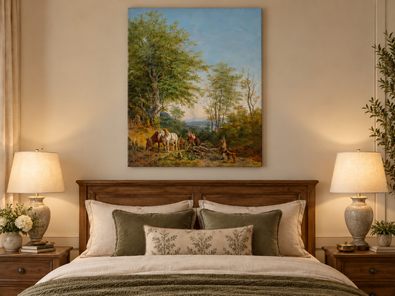 Landscape Oil Painting - Wooded Path with Horses and Woodcutter