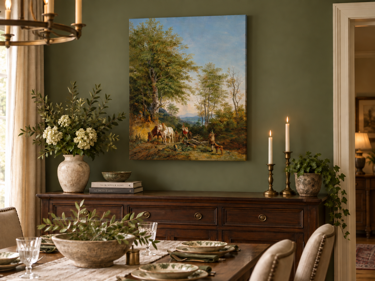 Landscape Oil Painting - Wooded Path with Horses and Woodcutter