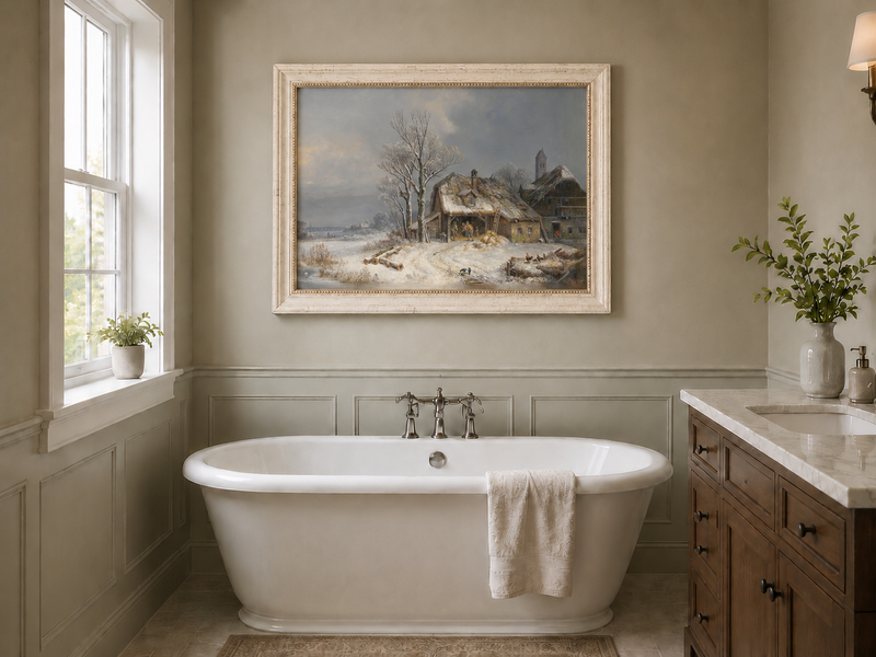 Landscape Oil Painting - Winter Farmstead, Snowy Fields, Rustic