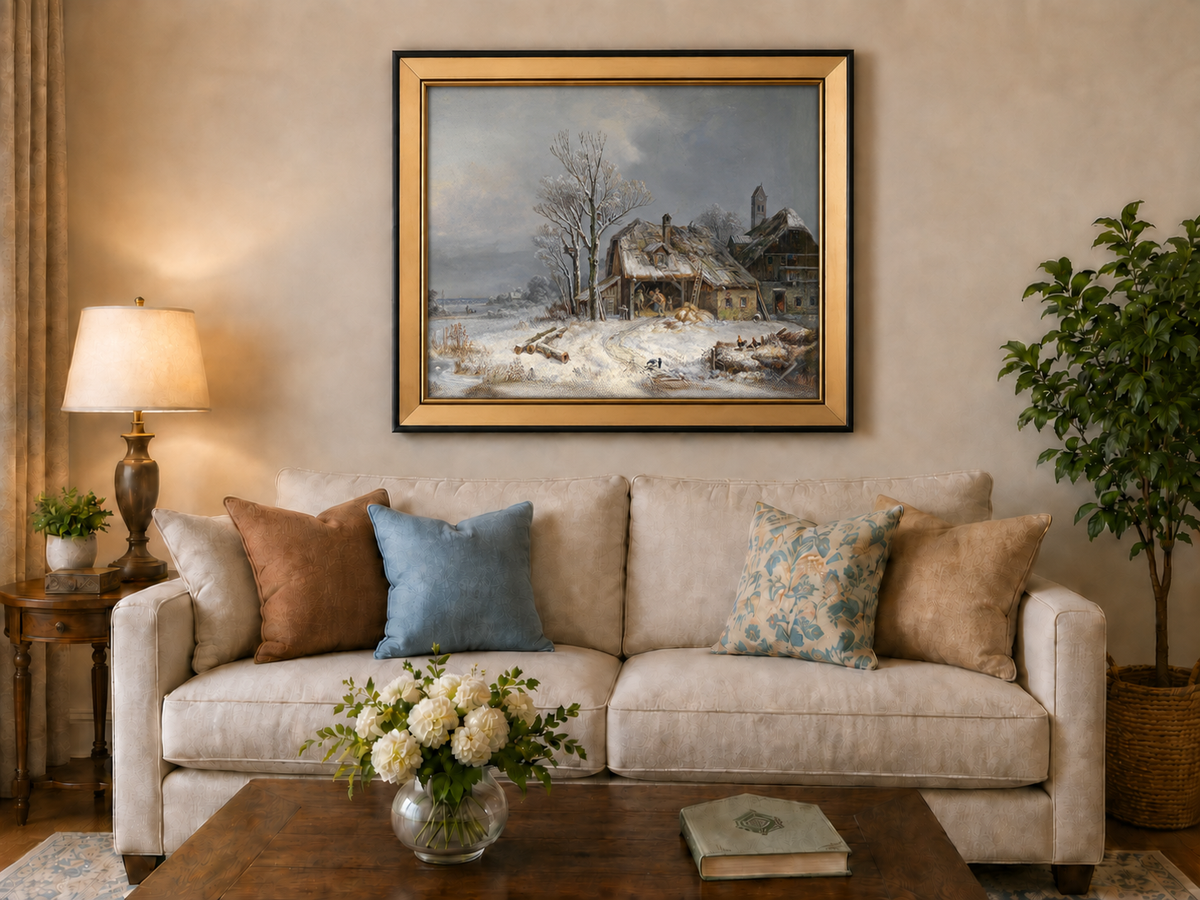 Landscape Oil Painting - Winter Farmstead, Snowy Fields, Rustic