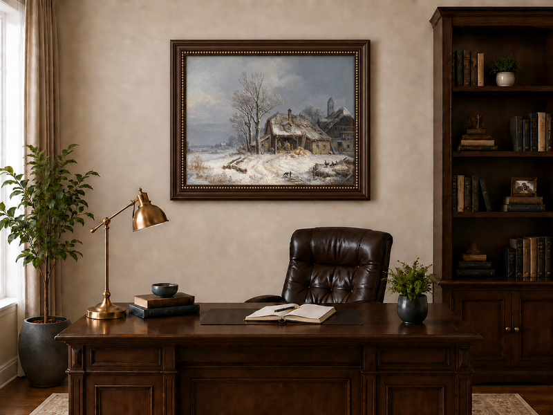 Landscape Oil Painting - Winter Farmstead, Snowy Fields, Rustic