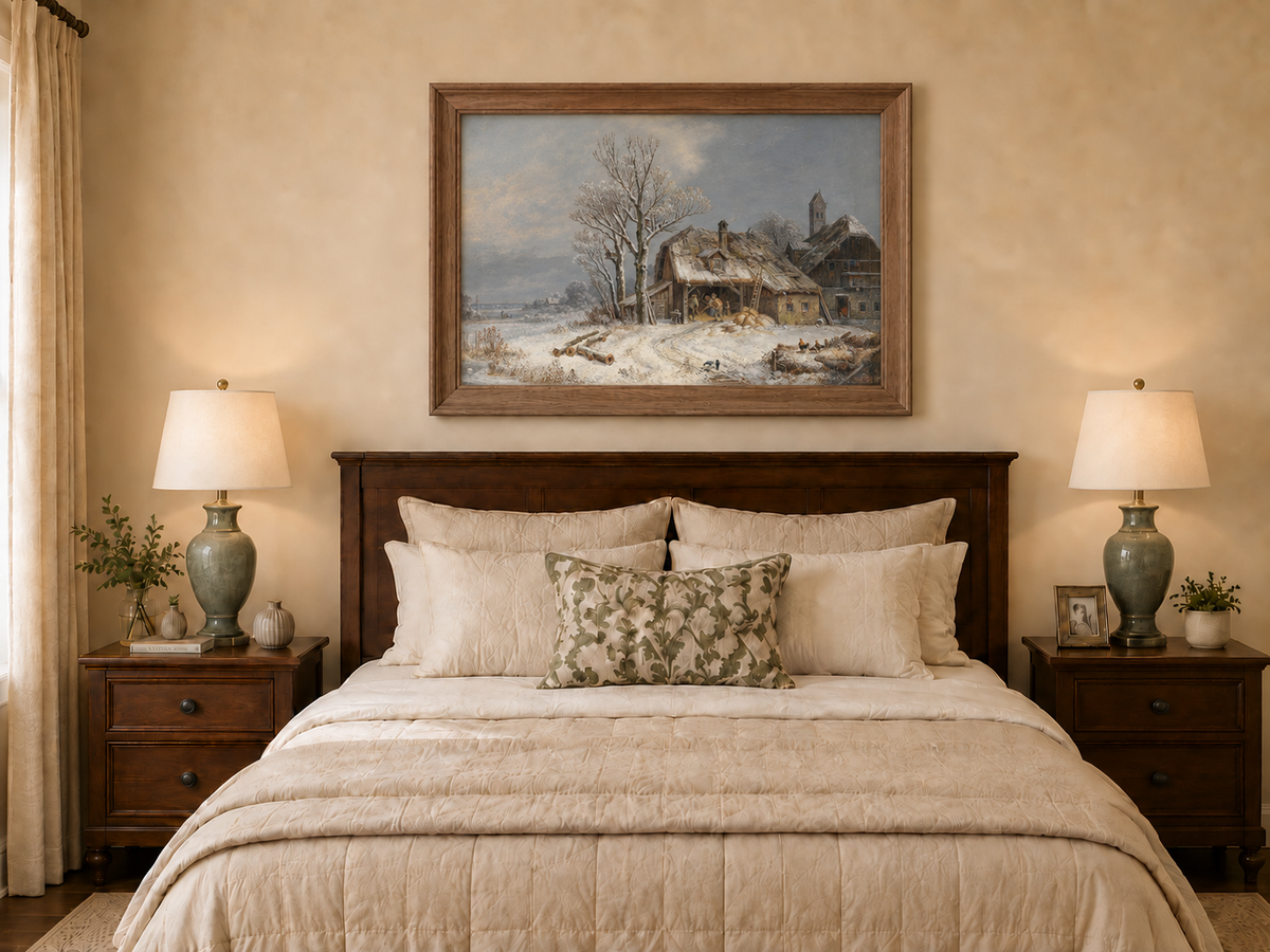 Landscape Oil Painting - Winter Farmstead, Snowy Fields, Rustic