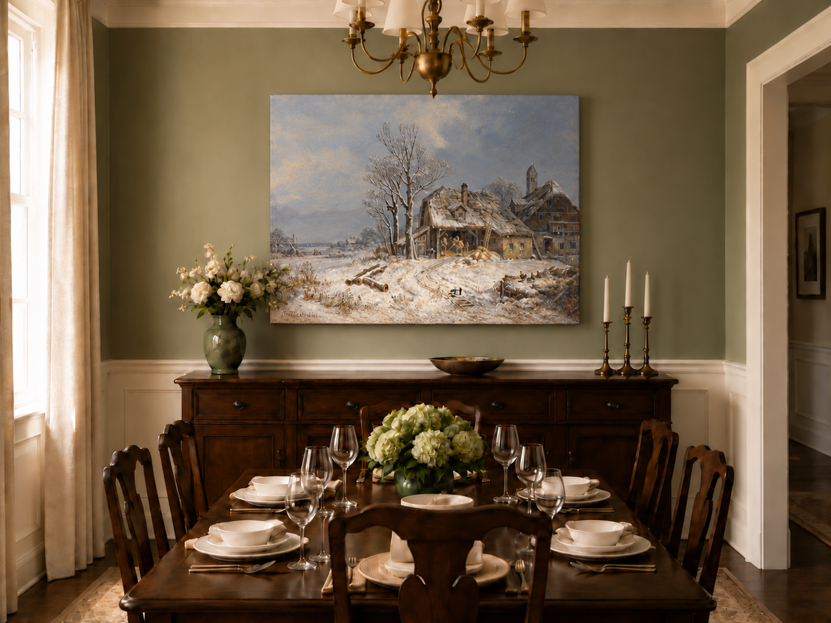 Landscape Oil Painting - Winter Farmstead, Snowy Fields, Rustic