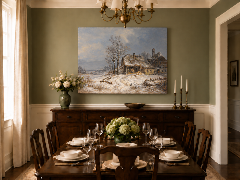 Landscape Oil Painting - Winter Farmstead, Snowy Fields, Rustic