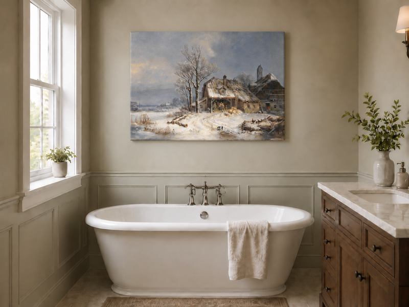 Landscape Oil Painting - Winter Farmstead, Snowy Fields, Rustic