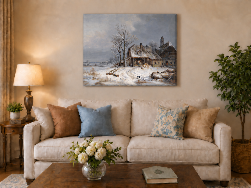 Landscape Oil Painting - Winter Farmstead, Snowy Fields, Rustic