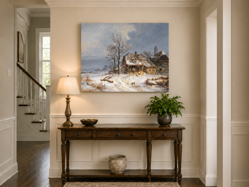 Landscape Oil Painting - Winter Farmstead, Snowy Fields, Rustic