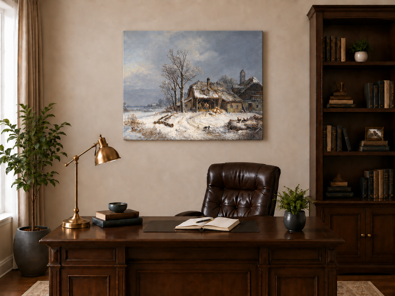 Landscape Oil Painting - Winter Farmstead, Snowy Fields, Rustic