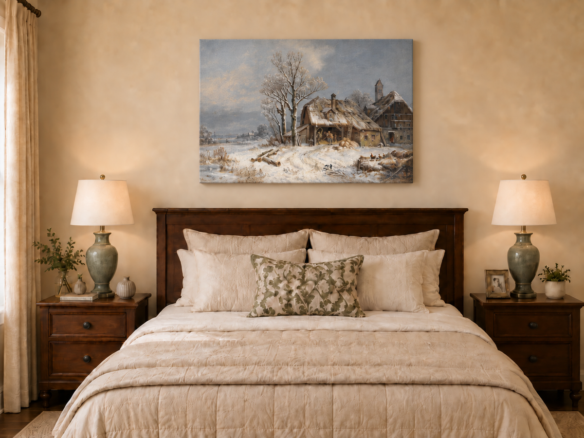 Landscape Oil Painting - Winter Farmstead, Snowy Fields, Rustic
