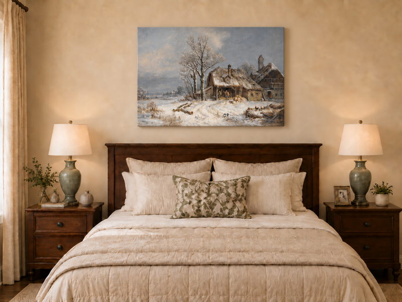 Landscape Oil Painting - Winter Farmstead, Snowy Fields, Rustic