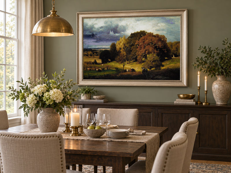 Landscape Oil Painting - Autumn Oaks & Grazing Cattle Countryside