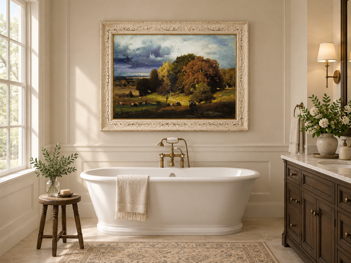 Landscape Oil Painting - Autumn Oaks & Grazing Cattle Countryside