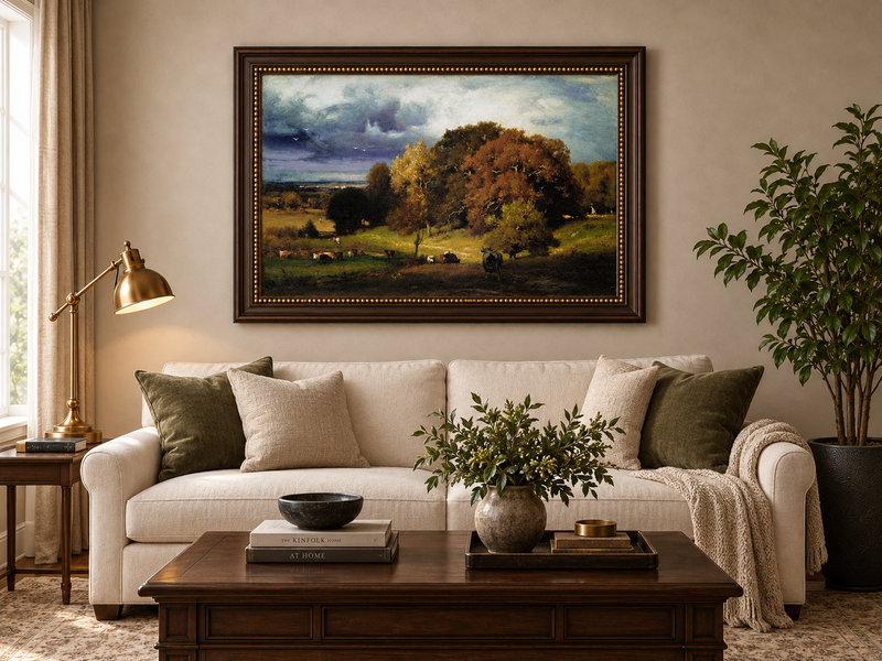 Landscape Oil Painting - Autumn Oaks & Grazing Cattle Countryside