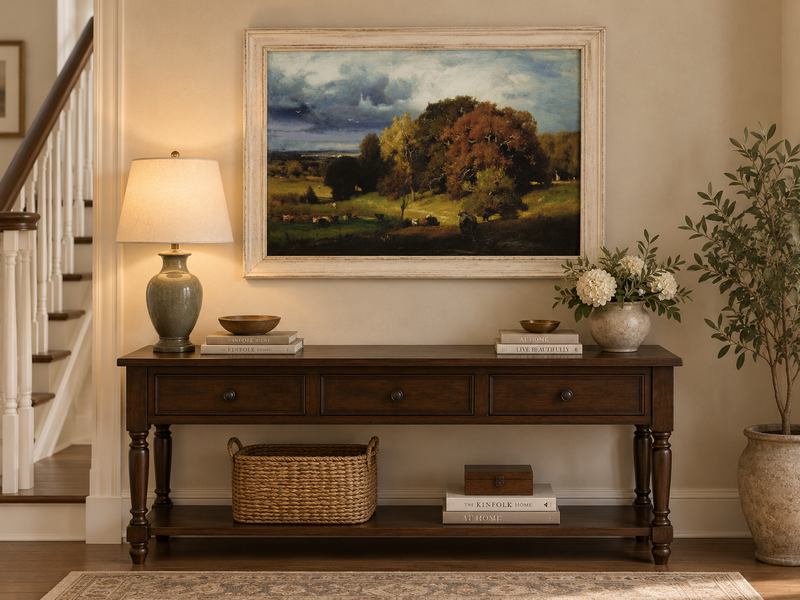 Landscape Oil Painting - Autumn Oaks & Grazing Cattle Countryside