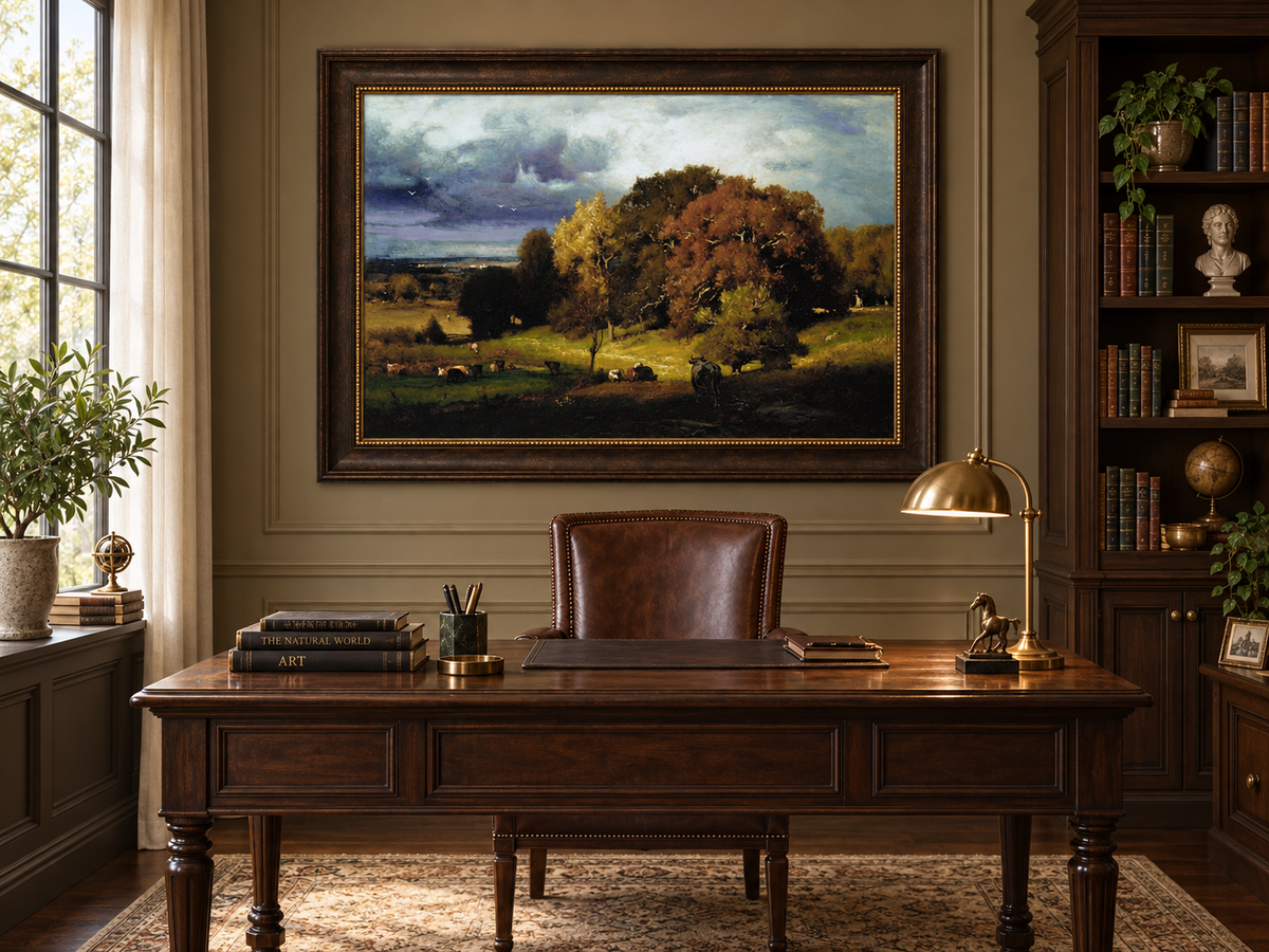 Landscape Oil Painting - Autumn Oaks & Grazing Cattle Countryside