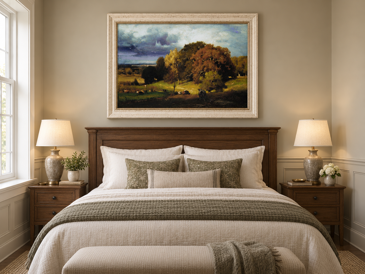 Landscape Oil Painting - Autumn Oaks & Grazing Cattle Countryside