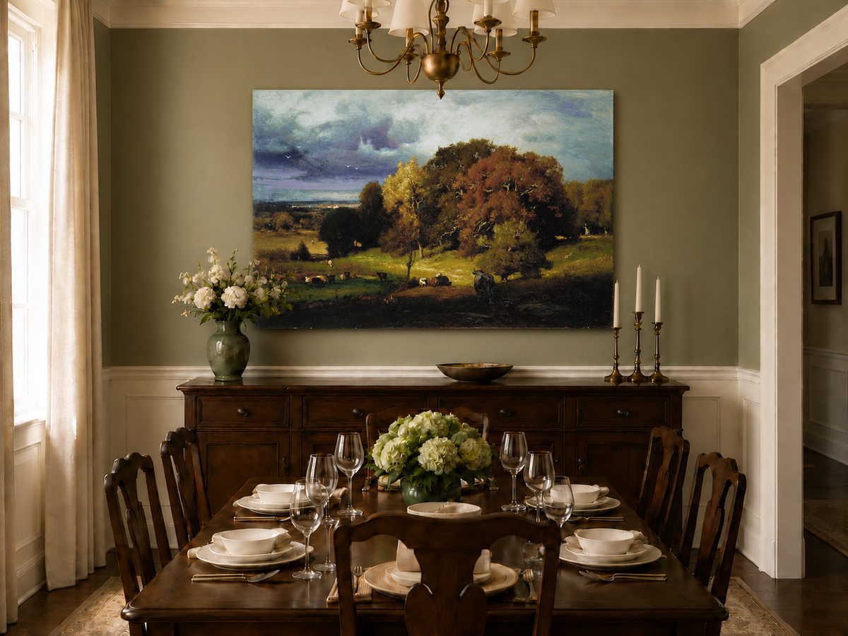 Landscape Oil Painting - Autumn Oaks & Grazing Cattle Countryside