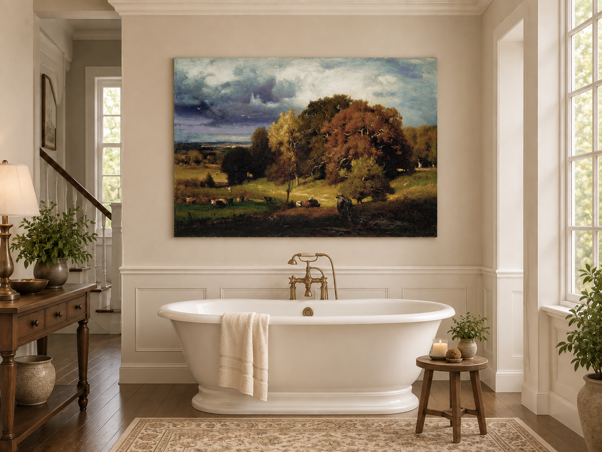 Landscape Oil Painting - Autumn Oaks & Grazing Cattle Countryside