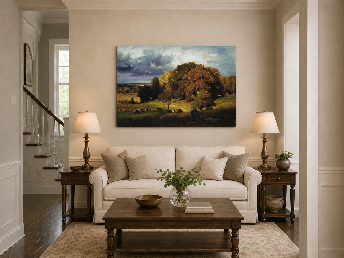 Landscape Oil Painting - Autumn Oaks & Grazing Cattle Countryside