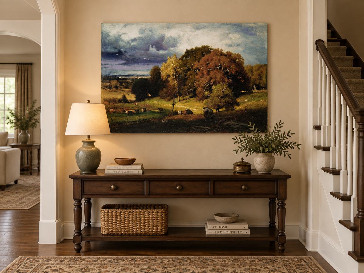 Landscape Oil Painting - Autumn Oaks & Grazing Cattle Countryside