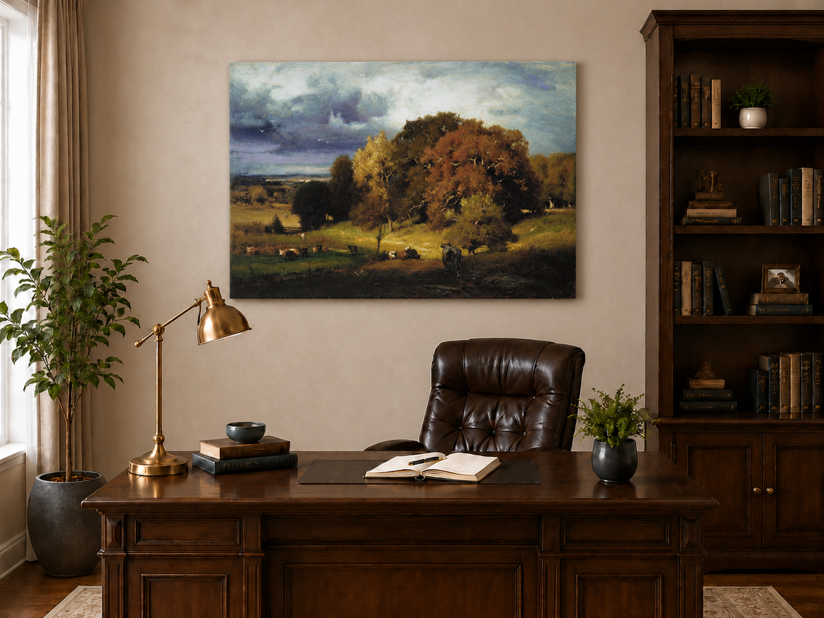 Landscape Oil Painting - Autumn Oaks & Grazing Cattle Countryside