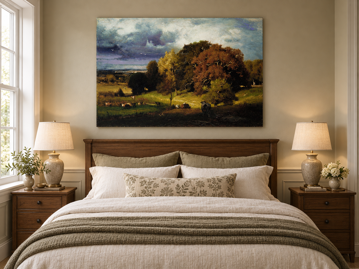 Landscape Oil Painting - Autumn Oaks & Grazing Cattle Countryside