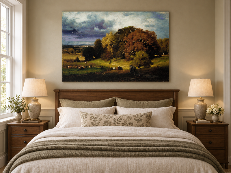 Landscape Oil Painting - Autumn Oaks & Grazing Cattle Countryside