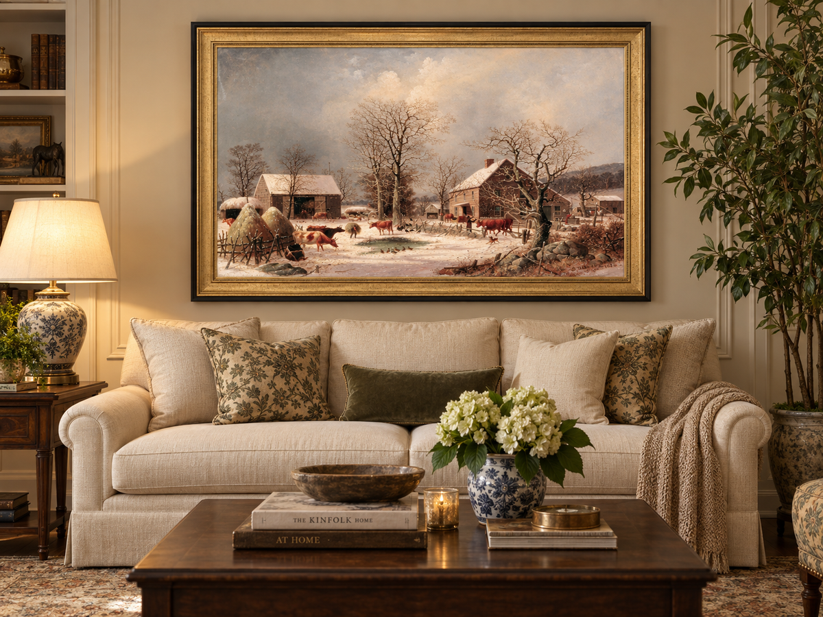 Landscape Oil Painting - Winter Farmstead , Cattle, Barn & Snow