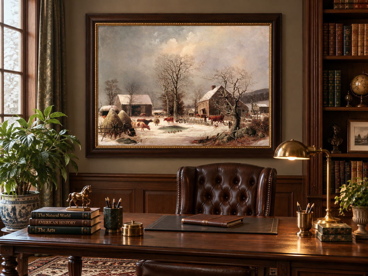 Landscape Oil Painting - Winter Farmstead , Cattle, Barn & Snow