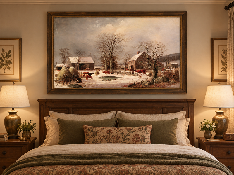 Landscape Oil Painting - Winter Farmstead , Cattle, Barn & Snow