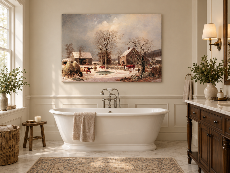 Landscape Oil Painting - Winter Farmstead , Cattle, Barn & Snow