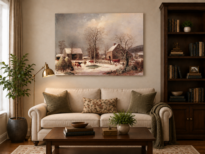 Landscape Oil Painting - Winter Farmstead , Cattle, Barn & Snow