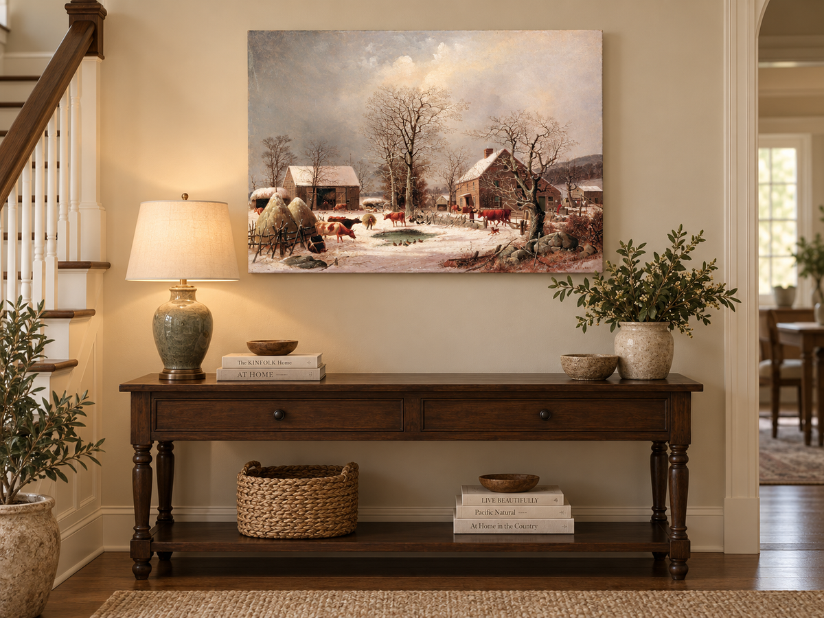 Landscape Oil Painting - Winter Farmstead , Cattle, Barn & Snow