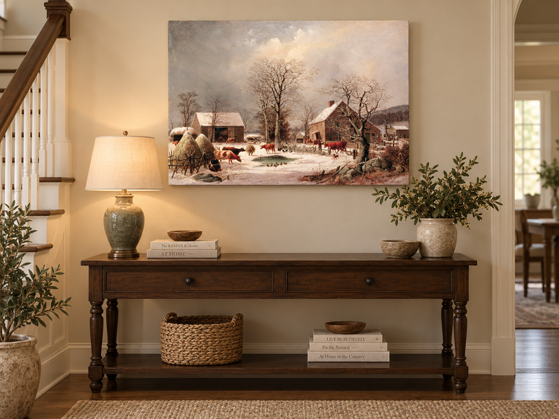 Landscape Oil Painting - Winter Farmstead , Cattle, Barn & Snow