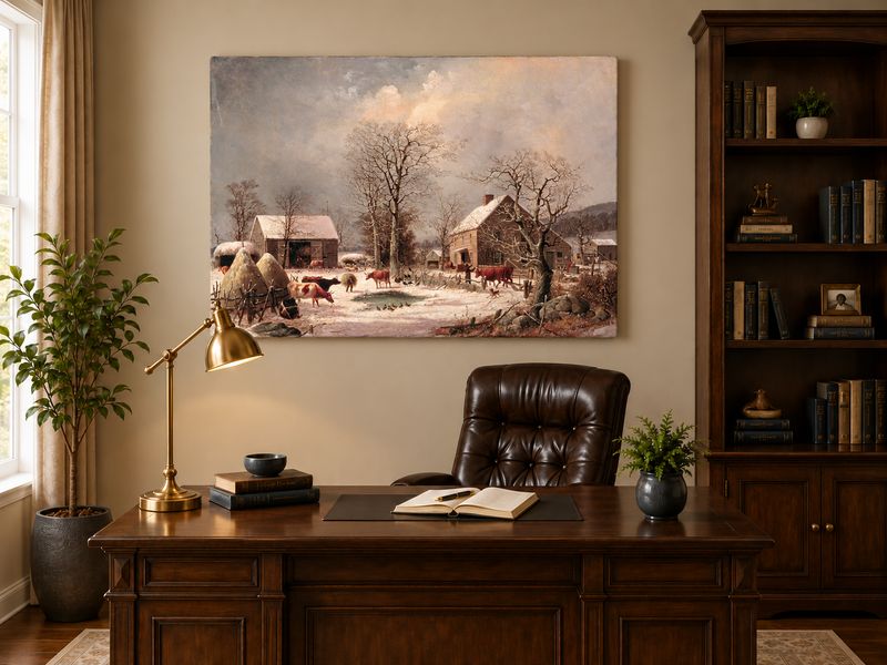 Landscape Oil Painting - Winter Farmstead , Cattle, Barn & Snow