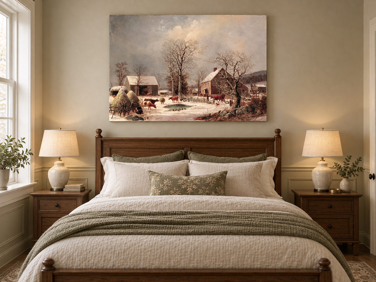 Landscape Oil Painting - Winter Farmstead , Cattle, Barn & Snow