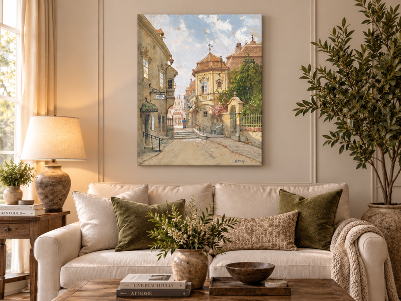 Landscape Oil Painting - Town Street | Hand-Painted European