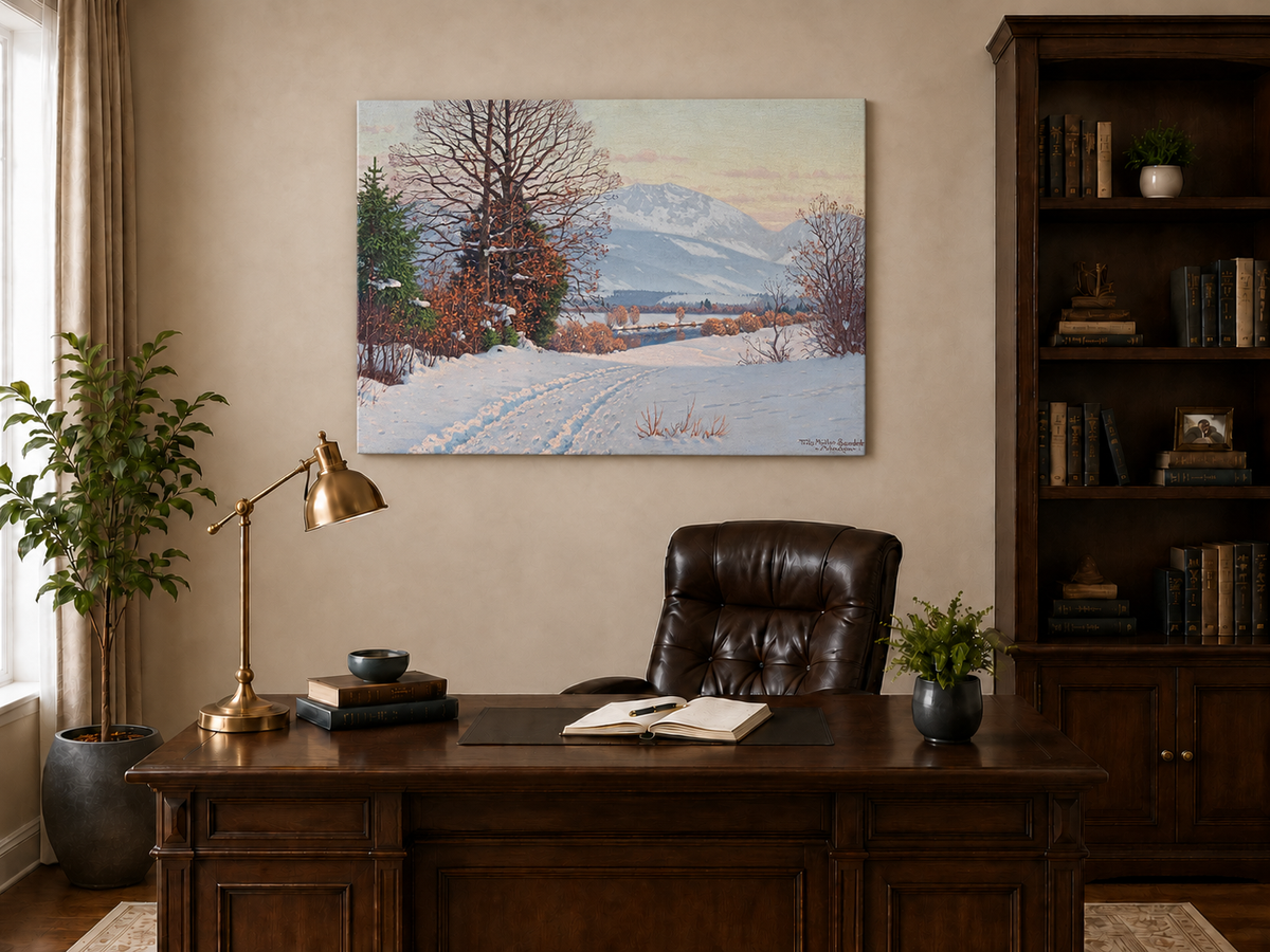 Ölgemälde Landschaft - Schneebedeckter Bergpfad Kahle Bäume in der Abenddämmerung