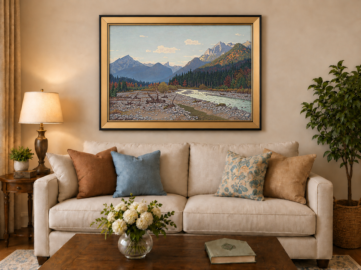 Peinture à l'huile de paysage - rivière de montagne, automne, banc de galets, bois flotté