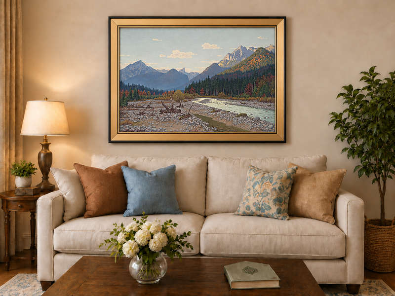 Peinture à l'huile de paysage - rivière de montagne, automne, banc de galets, bois flotté