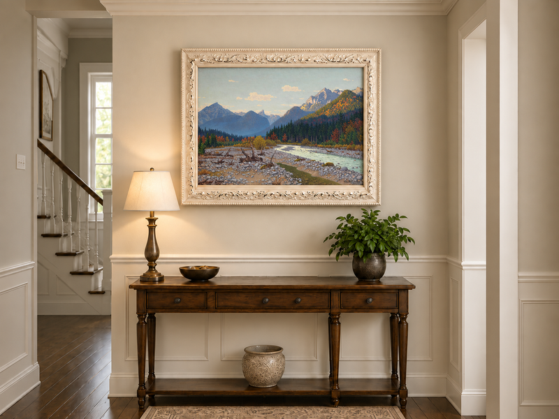 Peinture à l'huile de paysage - rivière de montagne, automne, banc de galets, bois flotté