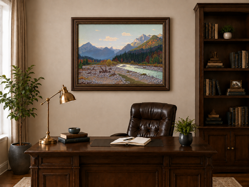 Peinture à l'huile de paysage - rivière de montagne, automne, banc de galets, bois flotté